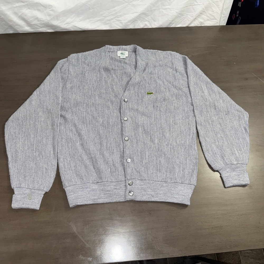 Izod x Lacoste Vintage classic preppy Grey Cardigan Sweater Mens size Medium USA